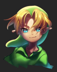Rule 34 | 1boy, blonde hair, blue eyes, child, closed mouth, collarbone, collared shirt, cropped torso, green hat, green shirt, grey background, hair intakes, happy, hat, link, looking at viewer, male focus, nintendo, pointy ears, shirt, short hair, simple background, smile, solo, straight-on, the legend of zelda, the legend of zelda: ocarina of time, ukata, upper body, young link