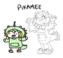 1girl, :d, amano pikamee, antennae, arms up, black hairband, blonde hair, character name, chibi, claw pose, collaboration, commentary, dinosaur hood, drawstring, english commentary, hairband, hands up, hood, hood up, hoodie, long sleeves, looking at viewer, monochrome, open mouth, sharp teeth, sidelocks, simple background, sketch, slippers, smile, teeth, temmie chang, virtual youtuber, voms, walfie, white background, | |