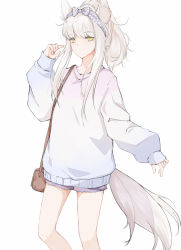 Rule 34 | 1girl, absurdres, alternate costume, animal ear fluff, animal ears, arknights, bag, casual, commentary request, feet out of frame, hand up, handbag, highres, kaminarichyan, long hair, long sleeves, looking at viewer, platinum (arknights), ponytail, silver hair, simple background, solo, standing, sweater, tail, white background, white sweater, yellow eyes