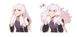 Rule 34 | 1girl, absurdres, anger vein, angry, clenched teeth, commentary, cropped torso, english commentary, fire emblem, fire emblem: three houses, fire emblem warriors: three hopes, frown, highres, long hair, lysithea von ordelia, nintendo, norue, pink eyes, pout, simple background, spoken anger vein, tearing up, teeth, white background, white hair, wide sleeves