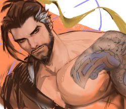 Rule 34 | 1boy, arm tattoo, bare pectorals, beard, brown eyes, brown hair, collarbone, dopey (dopq), dutch angle, facial hair, glaring, grey hair, hair ribbon, hanzo (overwatch), japanese clothes, large pectorals, looking at viewer, male focus, orange background, overwatch, overwatch 1, pectorals, ponytail, portrait, ribbon, short hair, sketch, solo, tattoo, white background