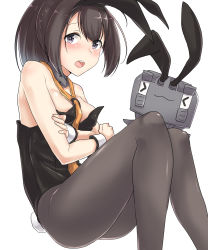 Rule 34 | 1girl, absurdres, akizuki (kancolle), animal ears, areola slip, black hair, black leotard, black pantyhose, blue eyes, breasts, chou-10cm-hou-chan, commentary request, detached collar, fake animal ears, feet out of frame, highres, kantai collection, kiritto, leotard, looking at viewer, neckerchief, pantyhose, playboy bunny, ponytail, rabbit ears, rabbit tail, simple background, small breasts, strapless, strapless leotard, tail, white background, wrist cuffs, yellow neckerchief