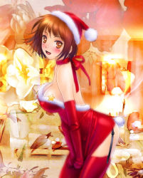 Rule 34 | 1girl, bare shoulders, blush, breasts, brown eyes, brown hair, christmas, cleavage, clothes pull, dress, dress pull, elbow gloves, eyeshadow, flower, garter straps, gloves, hat, highres, large breasts, looking at viewer, makeup, open mouth, original, rabbit tail, red gloves, red thighhighs, ribbon, santa costume, santa hat, short hair, smile, solo, star (symbol), tail, thighhighs, yui toshiki