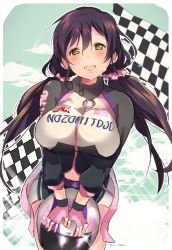 Rule 34 | 10s, 1girl, blush, breasts, checkered flag, female focus, flag, green eyes, helmet, huge breasts, large breasts, long hair, looking at viewer, love live!, love live! school idol festival, love live! school idol project, miseo (mrkglove), navel, open mouth, purple hair, race queen, smile, solo, sweat, tojo nozomi, twintails