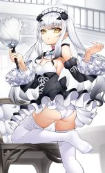 Rule 34 | 1girl, alternate costume, ass, bare shoulders, black dress, blush, bow, bowtie, breasts, brown eyes, casul, chair, detached sleeves, dress, duster, enmaided, melusine (fate), fate/grand order, fate (series), feather duster, flower, forked eyebrows, frills, hair flower, hair ornament, highres, long hair, looking at viewer, looking back, maid, maid headdress, panties, rose, sidelocks, small breasts, solo, thighhighs, thighs, underbust, underwear, white hair, white panties, white thighhighs