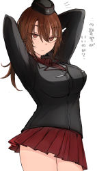 Rule 34 | 1girl, absurdres, arms behind head, black hat, breasts, brown hair, closed mouth, collared shirt, cowboy shot, girls und panzer, hands up, hat, highres, jitome, large breasts, long hair, long sleeves, looking at viewer, military, military hat, military uniform, miniskirt, necro (nekurodayo), nishizumi maho, notice lines, pleated skirt, red eyes, red shirt, shirt, skirt, slit pupils, solo, translation request, uniform, wing collar