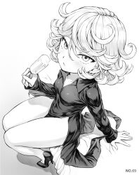 Rule 34 | 1girl, blush, breasts, collarbone, curly hair, dress, food, greyscale, hair between eyes, high heels, highres, ice cream, long sleeves, looking at viewer, looking up, mogudan, monochrome, one-punch man, parted lips, pelvic curtain, short hair, simple background, sitting, small breasts, tatsumaki, thick thighs, thighs, white background
