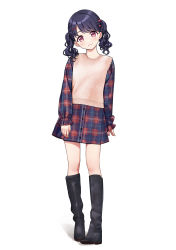 Rule 34 | 1girl, black footwear, black hair, blush, boots, cardigan, closed mouth, deadnooodles, fukumaru koito, full body, hair ornament, hairclip, highres, idolmaster, idolmaster shiny colors, jacket, long sleeves, looking at viewer, medium hair, miniskirt, open clothes, open jacket, pink cardigan, plaid, plaid jacket, plaid skirt, purple eyes, simple background, skirt, sleeves past wrists, smile, solo, standing, twintails, wavy mouth, white background