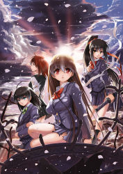 Rule 34 | 4girls, bandages, black hair, black socks, blazer, blue eyes, bow, breasts, brown hair, cherry blossoms, hand on another&#039;s chest, hand on own chest, jacket, kneehighs, long hair, multiple girls, original, pleated skirt, ponytail, red eyes, ruins, school uniform, skirt, sky, socks, squatting, standing, sun, sword, torn clothes, very long hair, weapon, yellow eyes, yuu (yuyukaikan)