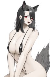 Rule 34 | 1girl, absurdres, animal ears, bad id, bad pixiv id, black hair, black one-piece swimsuit, breasts, cleavage, cowboy shot, hair between eyes, highres, large breasts, long hair, navel, norunollu, one-piece swimsuit, open mouth, original, red eyes, simple background, slingshot swimsuit, smile, solo, swimsuit, tail, white background