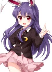 Rule 34 | 1girl, animal ears, black jacket, blazer, buttons, collared shirt, cowboy shot, crescent, crescent pin, hair between eyes, hand on own hip, highres, jacket, long hair, long sleeves, looking at viewer, necktie, open mouth, pink skirt, pleated skirt, pointing, pointing at viewer, purple hair, rabbit ears, red eyes, red necktie, reisen udongein inaba, ruu (tksymkw), shirt, simple background, skirt, smile, solo, standing, thighhighs, touhou, v-shaped eyebrows, white background, white shirt, zettai ryouiki