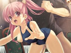 Rule 34 | 1boy, 1girl, against glass, blush, breast slip, breasts, censored, clenched teeth, crying, cum, cum in pussy, game cg, grabbing another&#039;s hair, hetero, kouzuki chihaya, kusari, looking at viewer, mosaic censoring, nipples, ohara tometa, one-piece swimsuit, one breast out, open mouth, pink eyes, pink hair, rape, sakura koharu, school swimsuit, sex, solo focus, swimsuit, tears, teeth, twintails