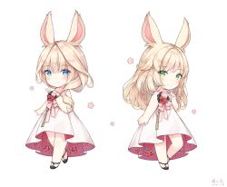 Rule 34 | 2girls, animal ears, ayuanlv, bare arms, bare shoulders, black footwear, blue eyes, blush, chibi, closed mouth, dated, dress, final fantasy, final fantasy xiv, floral print, flower, green eyes, hair between eyes, light brown hair, long hair, mole, mole under eye, multiple girls, rabbit ears, red flower, rose print, shoes, signature, simple background, smile, strapless, strapless dress, viera, warrior of light (ff14), white background, white dress