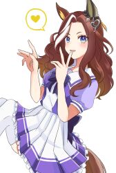 Rule 34 | 1girl, :d, animal ears, blue eyes, bow, bowtie, brown hair, commentary, daring heart (umamusume), ear covers, from side, heart, highres, horse ears, horse girl, long hair, looking at viewer, multicolored hair, open mouth, pleated skirt, puffy short sleeves, puffy sleeves, purple bow, purple bowtie, purple shirt, sailor collar, sailor shirt, school uniform, shirt, short sleeves, simple background, single ear cover, skirt, smile, solo, spoken heart, streaked hair, thighhighs, tracen school uniform, umamusume, usako (umauma0602), v, white background, white hair, white skirt, white thighhighs