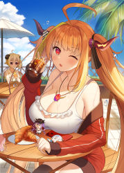 Rule 34 | 2girls, ;o, bare shoulders, black ribbon, blonde hair, blush, bow, breasts, camisole, character doll, cleavage, croissant, dragon girl, dragon horns, food, frilled camisole, frills, hair ribbon, highres, hololive, horn bow, horn ornament, horns, huge breasts, jacket, jewelry, kiryu coco, kiryu coco (loungewear), kotomaru (sirouko9511), long hair, multicolored hair, multiple girls, necklace, one eye closed, orange hair, outdoors, palm tree, red eyes, red jacket, ribbon, solo focus, streaked hair, summer, tree, tropical, tsunomaki watame, twintails, virtual youtuber, white camisole