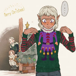 Rule 34 | ..., 3boys, blush, brown hair, christmas, christmas tree, dark elf, delgal (dungeon meshi), dungeon meshi, elf, embarrassed, english text, facial hair, goatee, highres, male focus, multiple boys, mustache, pointy ears, purple eyes, shako (shaco flat), speech bubble, star (symbol), sweatdrop, thistle (dungeon meshi), ugly sweater, white hair, yaad (dungeon meshi)