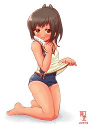 Rule 34 | 10s, 1girl, brown eyes, brown hair, clothes lift, dated, food, highres, i-401 (kancolle), kanon (kurogane knights), kantai collection, kneeling, licking, looking at viewer, ponytail, popsicle, sailor collar, school swimsuit, sexually suggestive, shirt lift, short hair, simple background, solo, swimsuit, swimsuit under clothes, tan, tanline
