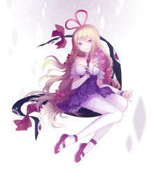 Rule 34 | 1girl, bad arm, bad id, bad pixiv id, bare shoulders, blonde hair, bow, breasts, cuivre, diamond (shape), dress, eyes visible through hair, floating, floating hair, floral print, folding fan, full body, gap (touhou), gradient background, grey background, hair bow, hair ribbon, hand fan, light particles, long hair, looking at viewer, muted color, pantyhose, pink footwear, purple dress, purple eyes, red eyes, ribbon, shoes, short dress, short sleeves, smile, solo, touhou, very long hair, white background, white pantyhose, wrist cuffs, yakumo yukari