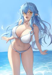 Rule 34 | 1girl, :d, absurdres, ahoge, bare arms, bare shoulders, bikini, blue hair, blue sky, blush, breasts, cleavage, collarbone, day, elf, feet out of frame, gluteal fold, half updo, highres, hololive, horizon, large breasts, leaning forward, long hair, looking at viewer, mua (mua pb), ocean, open mouth, outdoors, pointy ears, sky, smile, solo, standing, strap gap, swimsuit, thighs, very long hair, virtual youtuber, water, white bikini, yellow eyes, yukihana lamy