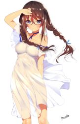 Rule 34 | 1girl, arm up, artist name, bare shoulders, blue-framed eyewear, blue eyes, blush, braid, breasts, brown hair, choker, commentary request, dress, glasses, hair ribbon, long hair, looking at viewer, mataro (matarou), neck ribbon, no panties, off shoulder, original, parted lips, ribbon, see-through, short sleeves, simple background, sleeveless, sleeveless dress, solo, sundress, twin braids, underwear, white background, white dress