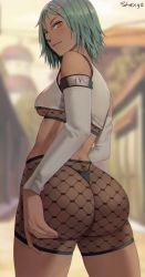 Rule 34 | 1girl, absurdres, aqua hair, ass, bare shoulders, black panties, blurry, blurry background, breasts, building, closed mouth, cowboy shot, cropped shirt, day, detached sleeves, fishnets, from behind, fuu (naruto), hair ornament, hairclip, highres, huge ass, looking at viewer, looking back, naruto (series), naruto shippuuden, orange eyes, outdoors, panties, shexyo, shirt, short hair, sleeveless, sleeveless shirt, small breasts, solo, thighs, thong, tree, underwear, white shirt