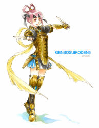 Rule 34 | 1girl, copyright name, dagger, dated, gensou suikoden, gensou suikoden v, hair rings, holding, holding dagger, holding knife, holding weapon, jerry (artist), knife, miakis (suikoden), purple eyes, purple hair, simple background, solo, standing, thighhighs, weapon, white background
