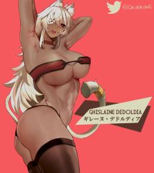 Rule 34 | 1girl, animal ear fluff, animal ears, armpits, arms up, artist name, ass, bandeau, black panties, black thighhighs, breasts, character name, choker, cleavage, cowboy shot, dark-skinned female, dark skin, eyepatch, facial scar, ghislaine dedoldia, grey hair, hair between eyes, highres, large breasts, long hair, looking at viewer, muscular, muscular female, mushoku tensei, navel, open mouth, panties, qiral, red background, red choker, red eyes, scar, scar on cheek, scar on face, scar on stomach, sidelocks, solo, tail, tail ornament, tail ring, thick thighs, thighhighs, thighs, toned, twisted torso, twitter username, underwear