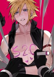 Rule 34 | 2boys, arm ribbon, bare pectorals, black gloves, blonde hair, blue eyes, blush, body writing, clothes pull, cloud strife, earrings, final fantasy, final fantasy vii, final fantasy vii advent children, gloves, grey hair, hand up, heart, high collar, highres, humiliation, jeff 000000, jewelry, long hair, lying, male focus, marker, multiple boys, no nipples, on back, open collar, pectorals, ribbon, sephiroth, shirt, short hair, sleeveless, sleeveless turtleneck, spiked hair, sweatdrop, turtleneck, unzipped, upper body, yaoi