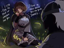 Rule 34 | 1boy, 1girl, armor, blush, brown cloak, brown hair, campfire, cloak, commentary, elden ring, embarrassed, english commentary, english text, fire, highres, hood, hooded cloak, knight, melina (elden ring), night, night sky, one eye closed, outdoors, shaded face, short hair, sitting, sky, talking, tarnished (elden ring), tina fate, tsundere