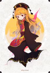 Rule 34 | 1girl, bad id, bad pixiv id, black dress, character name, chinese clothes, crescent moon, dress, full moon, hat, highres, itohime, junko (touhou), long hair, long sleeves, moon, no nose, orange hair, red eyes, sleeves past wrists, smile, solo, tabard, touhou