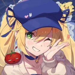 Rule 34 | 1girl, bearibop, blonde hair, blue hat, dokibird (vtuber), dokibird (vtuber) (tomato), dragoon (dokibird), green eyes, hat, heart, indie virtual youtuber, jacket, jewelry, looking at viewer, necklace, one eye closed, signature, smile, solo, twintails, upper body, virtual youtuber, white jacket