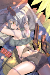 Rule 34 | 10s, 1girl, ass, backboob, bad id, bad pixiv id, breasts, brown eyes, draph, covered erect nipples, granblue fantasy, gun, horns, kumuyu, looking at viewer, looking back, panties, ponytail, scrunchie, silver hair, solo, strapless, tajima ryuushi, tube top, underwear, waking up, weapon