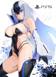 Rule 34 | 1girl, bad id, bad pixiv id, bare shoulders, black gloves, black hair, black thighhighs, blue eyes, blush, body writing, breasts, cleavage, colored skin, control stick, covered navel, detached sleeves, game console, gloves, gradient hair, grin, hair between eyes, hair ornament, highleg, ikuchan kaoru, large breasts, leotard, long hair, looking at viewer, multicolored hair, multicolored skin, original, playstation 5, popped collar, product girl, ps5 chan, smile, sony, thighhighs, thighs, white hair, white sleeves