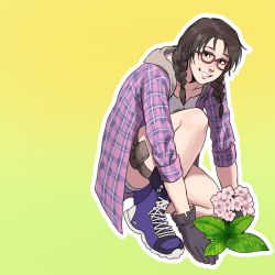 Rule 34 | 1girl, absurdres, bespectacled, black eyes, black gloves, blue footwear, braid, commentary, denim, denim shorts, english commentary, flower, full body, gardening, glasses, gloves, grin, hair over shoulder, hanny (uirusu chan), highres, hood, hood down, hoodie, julia chang, looking at viewer, medium hair, meme, namco, on one knee, open clothes, open hoodie, outline, plaid hoodie, pouch, public service announcement, purple hoodie, red-framed eyewear, shoes, shorts, simple background, sleeves rolled up, smile, sneakers, solo, tekken, tekken 7, template, textless version, thigh pouch, twin braids