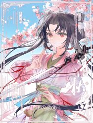 Rule 34 | 1girl, absurdres, black hair, blue sky, braided hair rings, cherry blossoms, chinese clothes, chinese text, commission, copyright request, english text, facial mark, forehead mark, gourd, hair bun, hair rings, hanfu, highres, holding, holding weapon, index finger raised, long hair, long sleeves, looking at viewer, parted bangs, red eyes, ribbon, shuangyaji, sky, smile, solo, sword, twintails, upper body, weapon, wumingshi47608