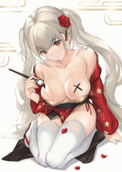 Rule 34 | 1girl, azur lane, bare shoulders, black hair, blush, bodypaint, breasts, calligraphy brush, cleavage, closed mouth, collarbone, commentary request, covered erect nipples, flower, formidable (azur lane), full body, hair flower, hair ornament, highres, holding, holding brush, ink, japanese clothes, kimono, kneeling, large breasts, long sleeves, looking at viewer, off shoulder, open clothes, open kimono, paintbrush, parfaitlate, petals, red eyes, red flower, red kimono, silver hair, solo, thighhighs, white background, white thighhighs