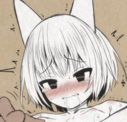 Rule 34 | 1girl, ^^^, ahegao, animal ears, blush, brown background, cat ears, clenched teeth, dashed eyes, implied sex, limited palette, mame rakko, nipples, out-of-frame censoring, paid reward available, personification, paid reward available, shikaru neko, short hair, solo, tears, teeth