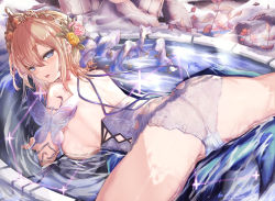Rule 34 | 1girl, argyle, argyle clothes, argyle cutout, ass, back, bare shoulders, blonde hair, blue eyes, blush, breasts, clothing cutout, dress, europa (granblue fantasy), flower, fountain, granblue fantasy, hair flower, hair ornament, large breasts, looking at viewer, looking back, mathiamo13, spread legs, tiara, water, wet, white dress