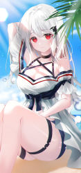 Rule 34 | 1girl, arknights, arm behind head, bare shoulders, beach, black choker, blue shorts, blue sky, breasts, choker, cleavage, cloud, commentary, daan, day, feet out of frame, hair between eyes, highres, knees up, legs together, long hair, looking at viewer, medium breasts, no headwear, off-shoulder shirt, off shoulder, official alternate costume, orca hair ornament, outdoors, red eyes, shirt, shorts, sidelocks, silver hair, sitting, skadi (arknights), skadi (waverider) (arknights), sky, solo, swimsuit, thigh strap, thighs, very long hair