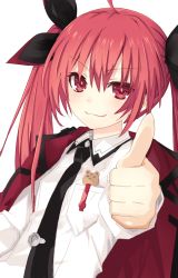 Rule 34 | 1girl, ahoge, black necktie, black ribbon, date a live, hair between eyes, hair ribbon, itsuka kotori, laurie (pixiv7986280), long hair, looking at viewer, necktie, red eyes, red hair, ribbon, shirt, simple background, smile, solo, thumbs up, twintails, upper body, white background, white shirt