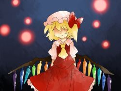 Rule 34 | 1girl, ascot, bad id, bad pixiv id, blonde hair, blouse, bow, comic, dress, embodiment of scarlet devil, female focus, flandre scarlet, frown, gradient background, hair bow, hair over eyes, hammer (sunset beach), hat, lights, shaded face, shirt, short hair, side ponytail, silent comic, skirt, solo, touhou, wings