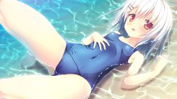 1girl :o barefoot beach blush cameltoe copyright_request covered_navel female_focus from_above game_cg gradient_background grey_hair hair_ornament hairclip highres looking_at_viewer love_rec. nimura_yuuji old_school_swimsuit one-piece_swimsuit open_mouth outdoors school_swimsuit short_hair solo swimsuit water wet yanase_hitomi