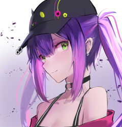 Rule 34 | 1girl, bare shoulders, black choker, black hat, choker, closed mouth, commentary request, ear piercing, green eyes, hat, highres, hololive, lizard0221, long hair, looking at viewer, o-ring, o-ring choker, piercing, portrait, purple hair, sidelocks, simple background, smile, solo, tokoyami towa, twintails, virtual youtuber, white background