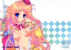 Rule 34 | 1girl, :o, absurdres, atelier (series), atelier meruru, blue eyes, blush, bow, breasts, cover, cover page, crown, female focus, half updo, highres, long hair, long sleeves, merurulince rede arls, navel, nipples, open clothes, open shirt, pink hair, red bow, shirt, solo, tsurusaki takahiro