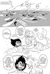 Rule 34 | 1boy, 1girl, alternate universe, beach, black hair, bulma, comic, dragon ball, dragonball z, english text, facial hair, fins, fish tail, funsexydb, greyscale, hand on another&#039;s chest, highres, island, long hair, mermaid, monochrome, monster girl, muscular, muscular male, ocean, scales, spiked hair, stubble, tail, topless male, vegeta