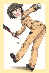 Rule 34 | 1girl, :d, artist name, bad id, bad twitter id, black footwear, border, brown eyes, brown hair, clenched hand, commentary, dirty, dirty clothes, dirty face, erakin, from behind, girls und panzer, gloves, highres, holding, holding wrench, jumpsuit, leaning forward, long sleeves, looking at viewer, looking back, mechanic, nakajima (girls und panzer), name tag, open mouth, orange jumpsuit, romaji text, shoes, short hair, signature, sketch, smile, solo, standing, standing on one leg, tomboy, traditional media, uniform, white gloves, wrench, yellow border