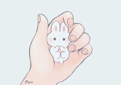 Rule 34 | 1other, animal, ayu (mog), bad id, bad pixiv id, rabbit, fingernails, grey background, holding, holding animal, looking at viewer, nail polish, original, out of frame, pink nails, signature, simple background