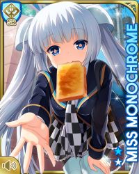 Rule 34 | 1girl, blue eyes, blue jacket, blunt bangs, bread slice, card, character name, checker pattern, closed mouth, day, food, food in mouth, girlfriend (kari), indoors, jacket, miss monochrome, miss monochrome (character), necktie, official art, qp:flapper, school uniform, shirt, skirt, smile, solo, standing, tagme, thighhighs, toast, twintails, white footwear, white hair, white shirt