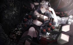 Rule 34 | 1girl, apple, arknights, armlet, bikini, black bikini, black horns, breasts, chinese commentary, chromatic aberration, commentary, demon horns, feet out of frame, flower, food, fruit, hair flower, hair ornament, highres, holding, holding food, holding fruit, horns, infection monitor (arknights), kotowaza, large breasts, light particles, long hair, looking at viewer, lying, material growth, mudrock (arknights), mudrock (silent night) (arknights), official alternate costume, on back, oripathy lesion (arknights), parted lips, red eyes, solo, swimsuit, war hammer, weapon, white hair