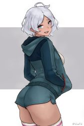 Rule 34 | 1girl, ahoge, artist name, bad id, bad twitter id, bluefield, breasts, colored eyelashes, dolphin shorts, green hoodie, green shorts, grey hair, gundam, gundam suisei no majo, highres, hood, hoodie, looking at viewer, medium breasts, secelia dote, short hair, shorts, skindentation, smile, solo, tan, thighhighs, thighs, twitter username, white background